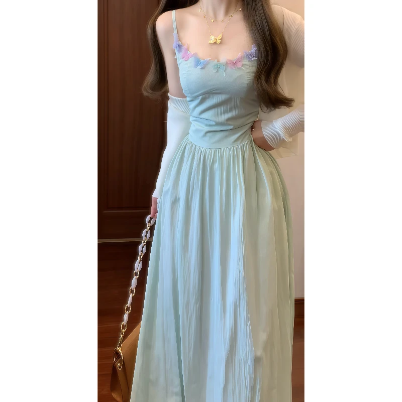 法式温柔薄荷绿立体蝴蝶装饰吊带连衣裙气质长裙防晒空调开衫9178