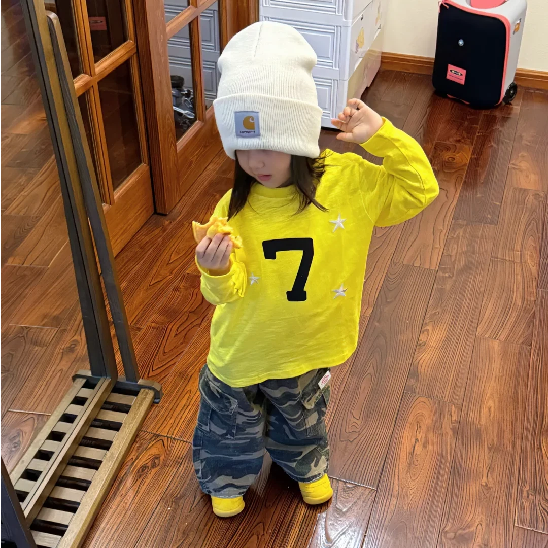 壹妈童装女童秋冬套装新款洋气儿童时尚黄色星星T恤宽松迷彩长裤