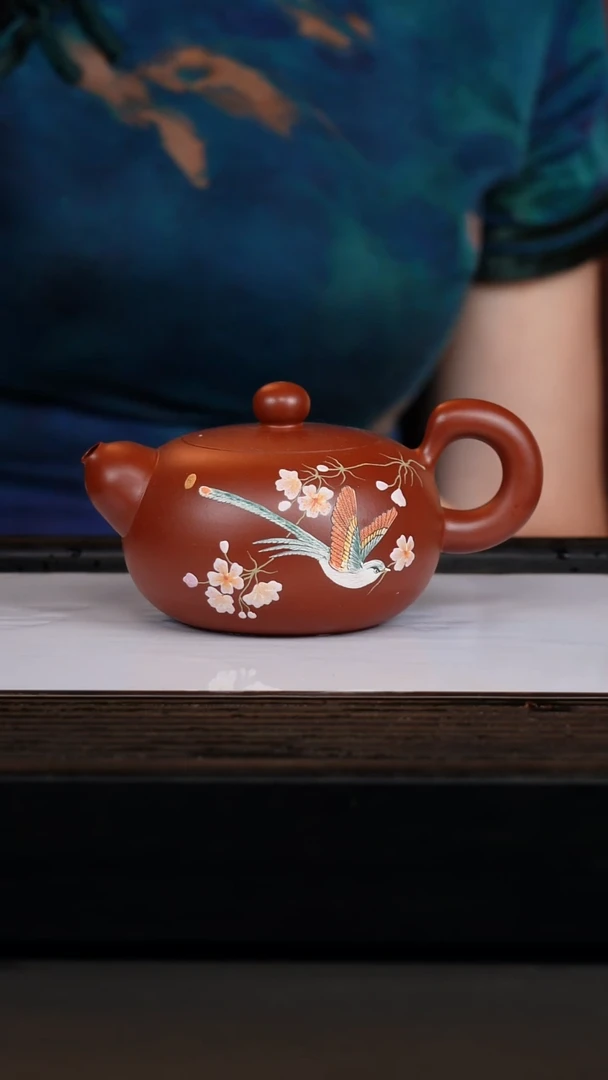茶壶紫砂nxa香山朱泥泥绘刻字道鸿320cc