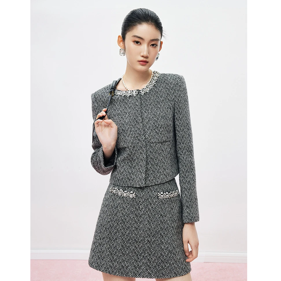 【MandyZhang】手工镶钻千金风气质名媛人字纹小香风外套半身裙套装