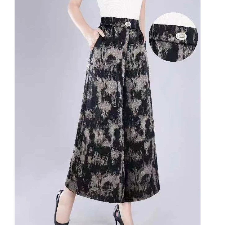 YX7306（聚水潭）印花高弹力阔腿裤长裤民族风碎花春夏女士丝丝裤