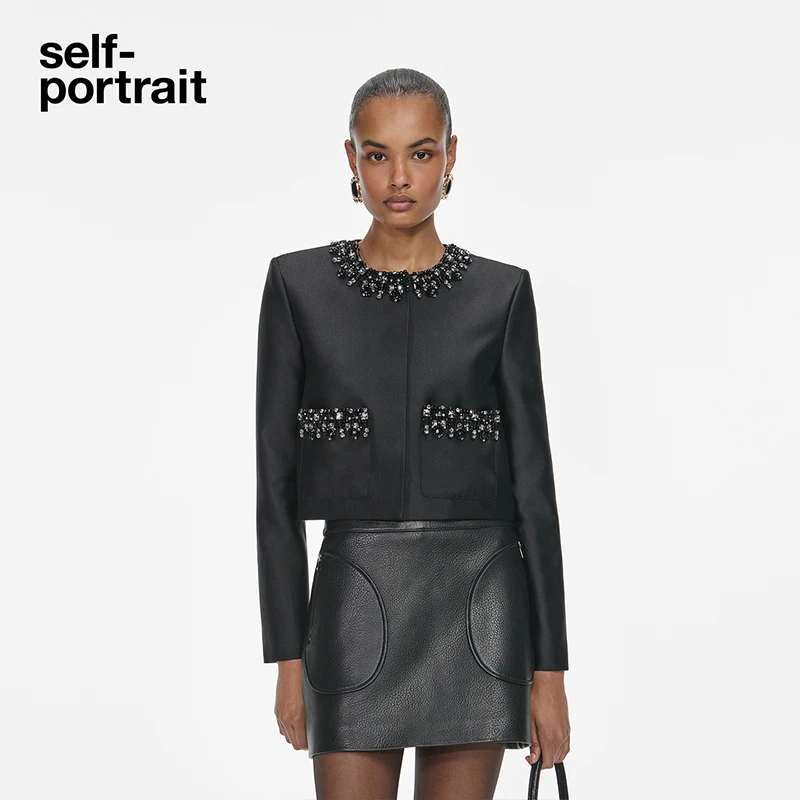 self-portrait 2025秋冬新款经典黑千金风钻饰缎面塔夫绸外套上衣
