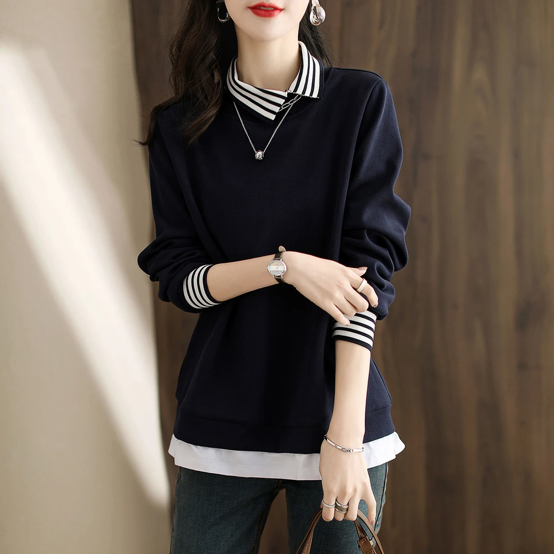 2024年春秋新款气质减龄罗纹拼接百搭舒适半高领卫衣女