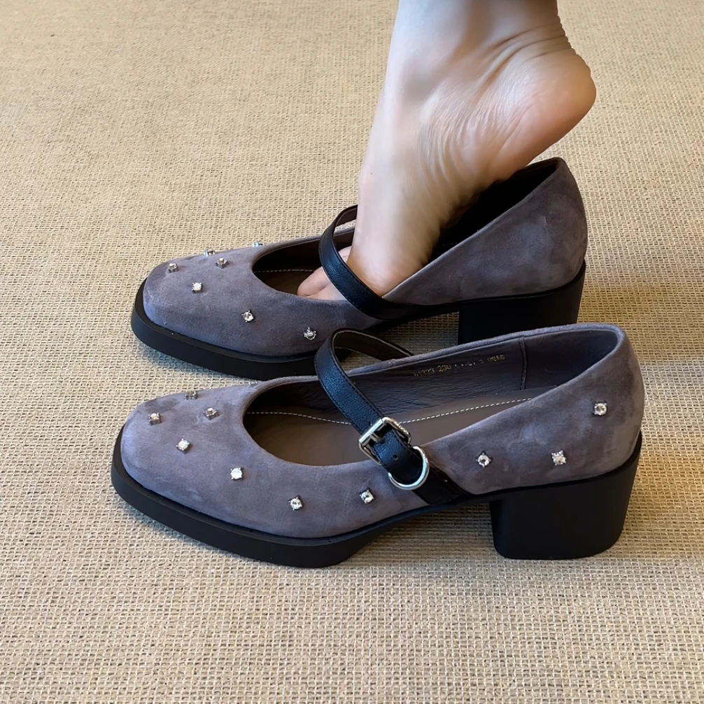 RubyL/5cm时尚通勤百搭水钻一字扣带方头浅口粗跟玛丽珍单鞋女款
