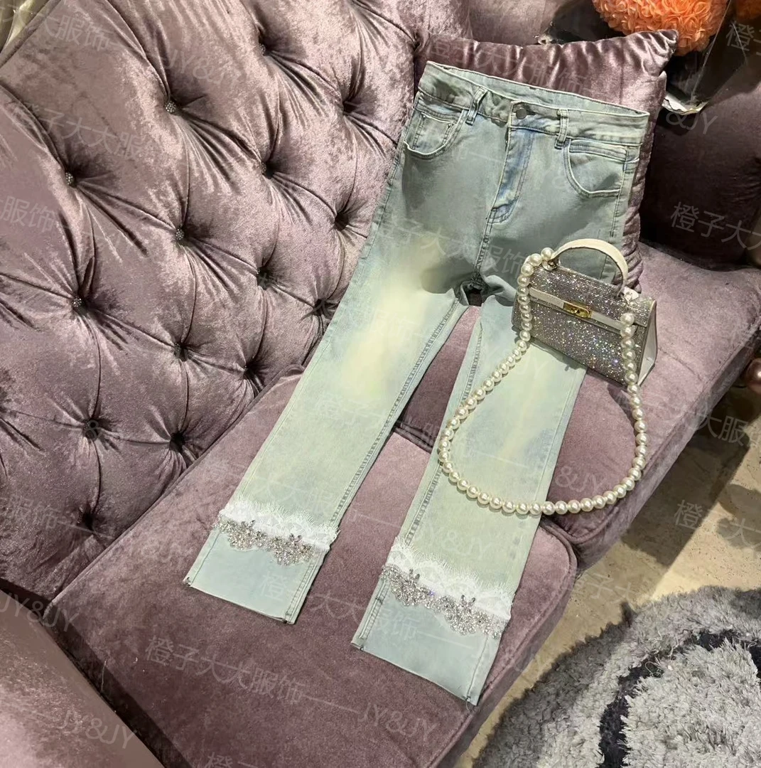 JY&JY橙子大大【轨迹】重工钉珠裤脚蕾丝花边直筒牛仔裤 16088