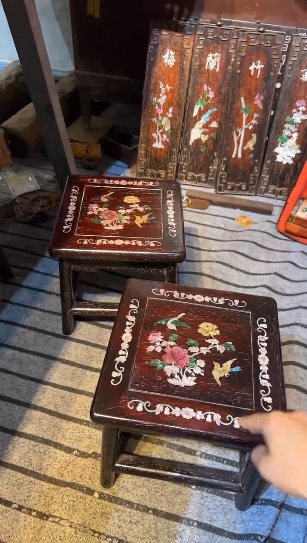 木紫檀富贵凳镶嵌彩贝花鸟花鸟