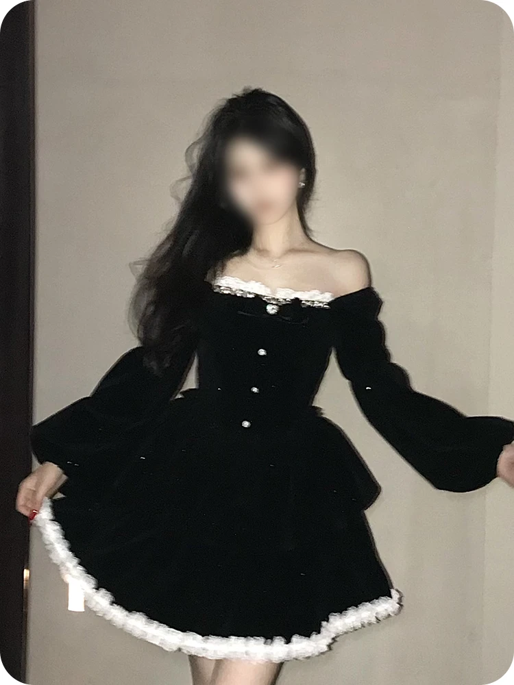 J005新款重工蝴蝶结圣诞新年丝绒收腰连衣裙女秋冬生日裙约会裙子