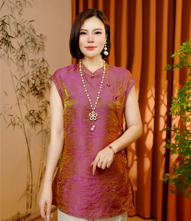 【流光紫影】2025新款夏季新中式T恤短袖印花修身显瘦减龄气质款