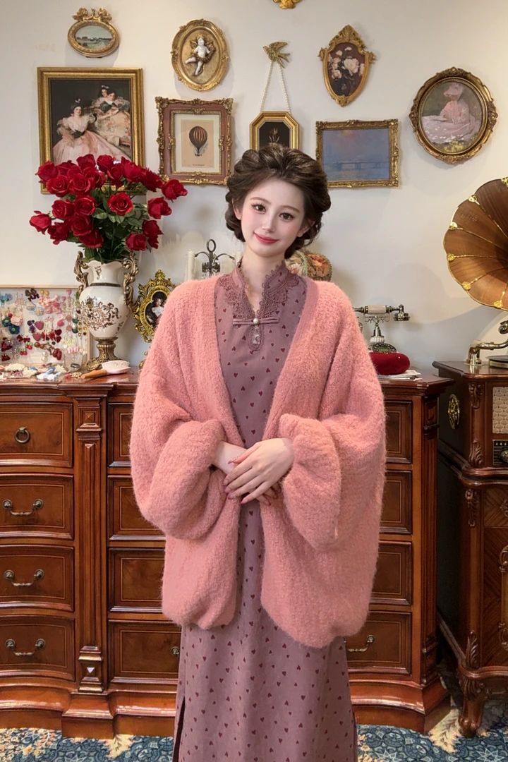 一生罗曼【柔软冬日】宽松软糯纯色灯笼袖针织毛衣开衫外套Y3800