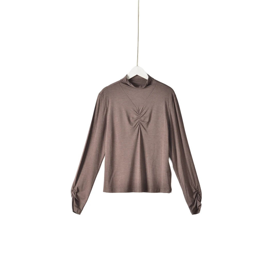 【】深圳高端女装WNC-褶皱半高领T恤秋冬上衣C235-棕咖色正码