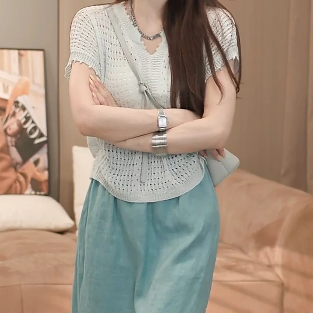 夏季新款镂空短袖气质不褪色显瘦装V领针织衫