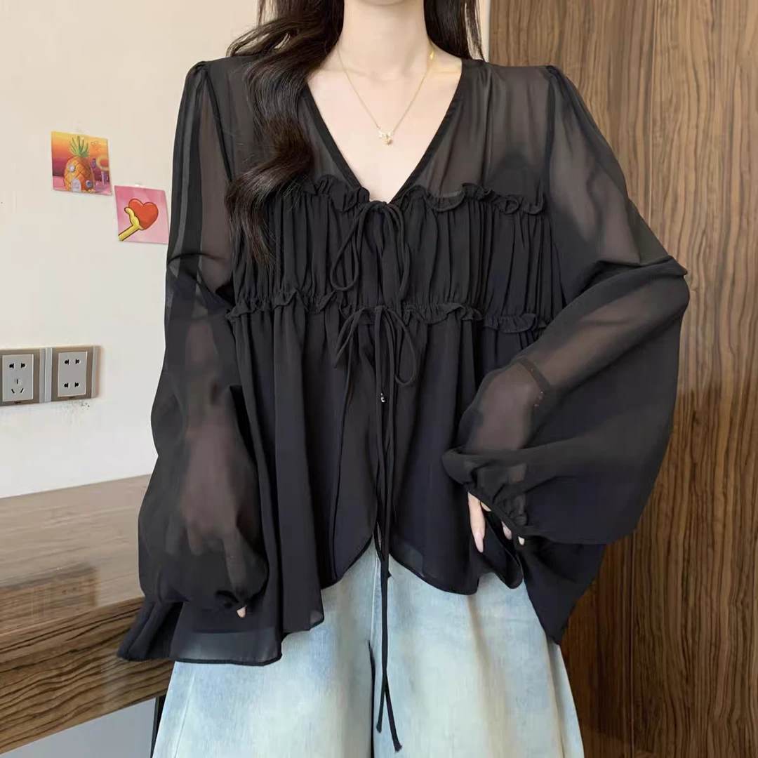 法式V领正肩长袖雪纺衫女2025早秋大码胖mm宽松遮肚子不规则上衣
