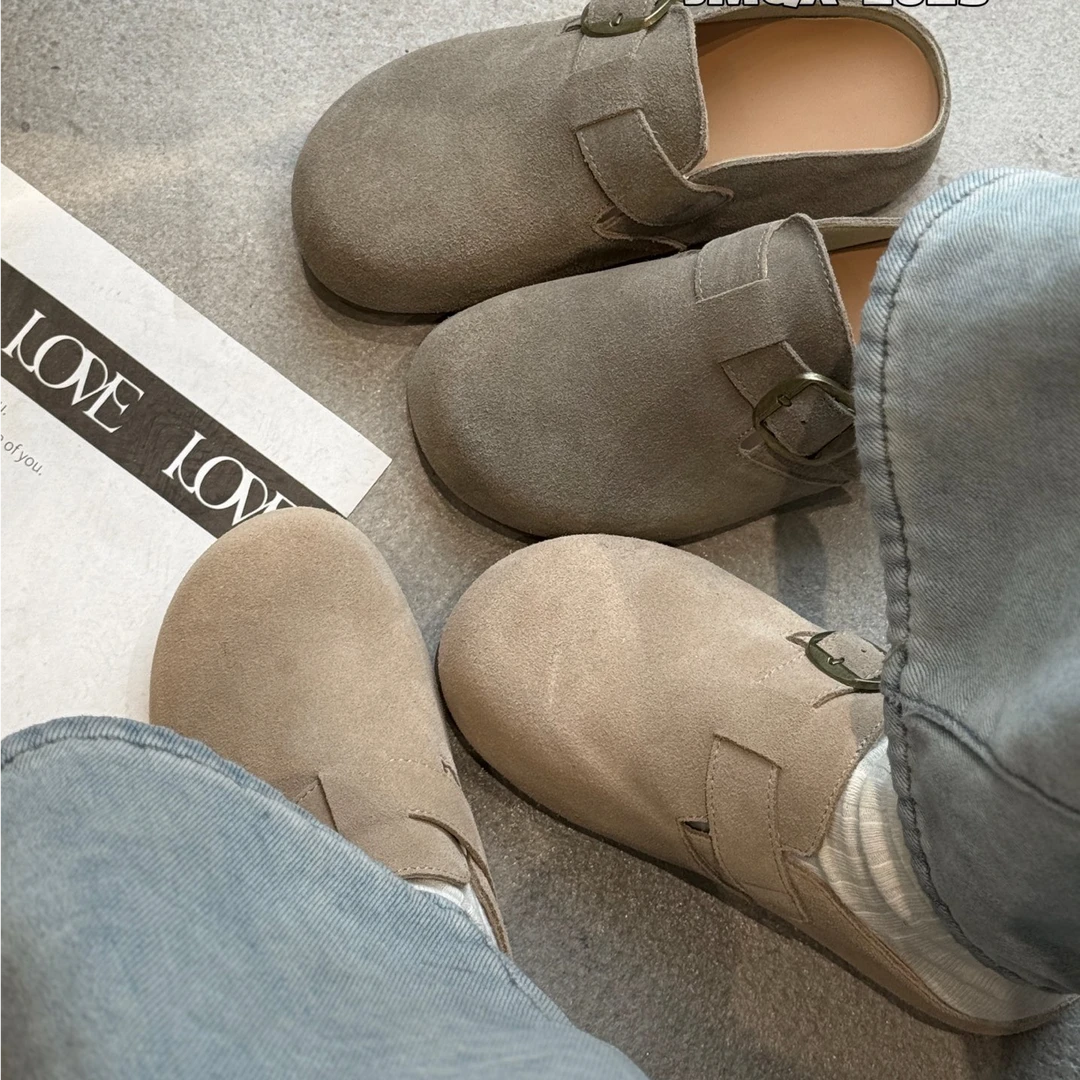 牛皮勃肯鞋女春季复古新款真皮软底拖鞋夏博肯半拖包头拖鞋外穿潮