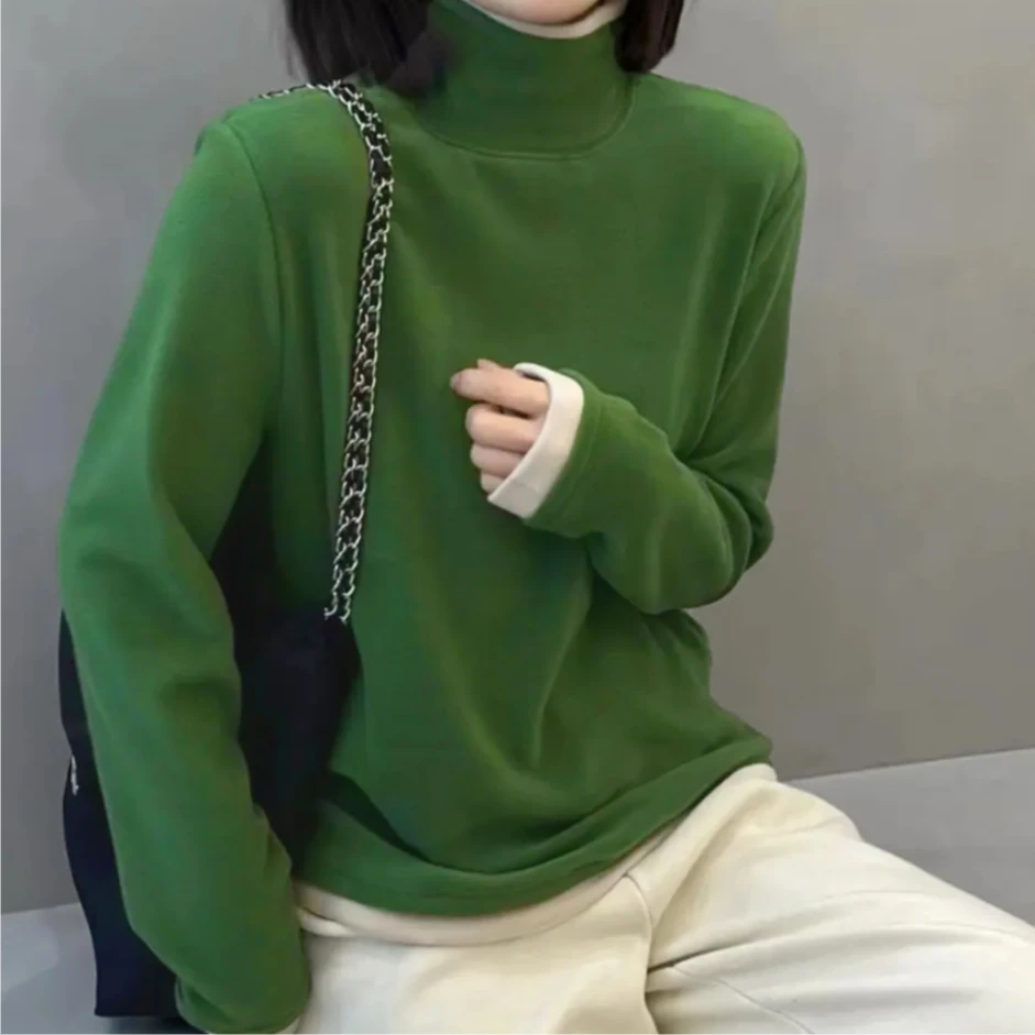 时尚假两件拼色德绒打底衫女2024秋冬新款洋气半高领长袖显瘦上衣