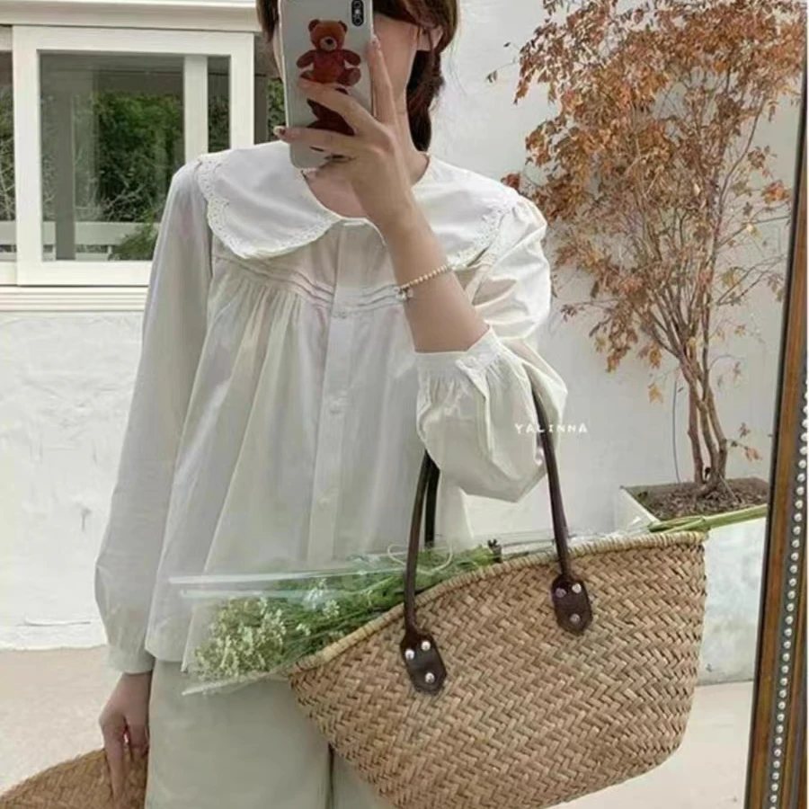 小清新韩系娃娃领长袖衬衫女春季新款洋气减龄小衫超好看气质上衣