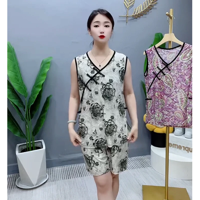 夏季新中式国风盘扣冰丝网眼砍袖短裤家居服女睡衣套装宽松可外穿