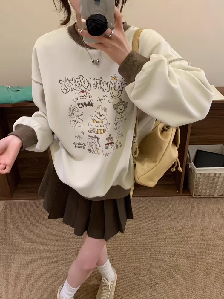 ⭐2025年春季新款可爱卡通刺绣中长款圆领卫衣女宽松休闲拼接上衣