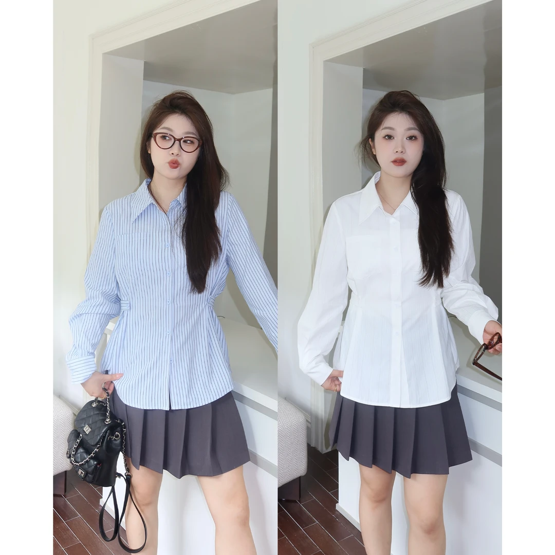裂渡宣宣【课件甜曲】微胖大码女秋时尚百搭两穿收腰衬衫ZY507A17