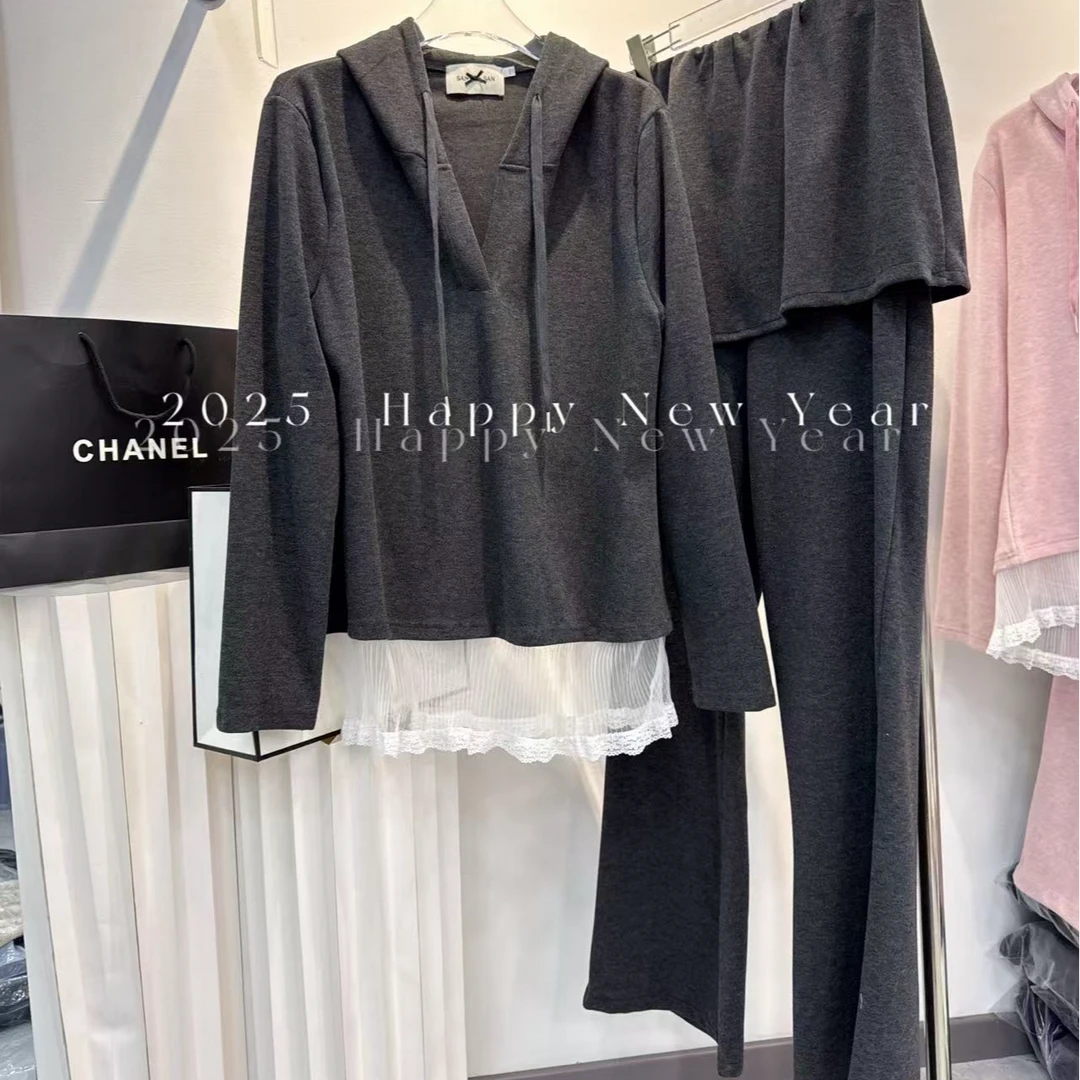 欧货2025新款拼接蕾丝边连帽长袖T恤女气质修身显瘦喇叭裤两件套
