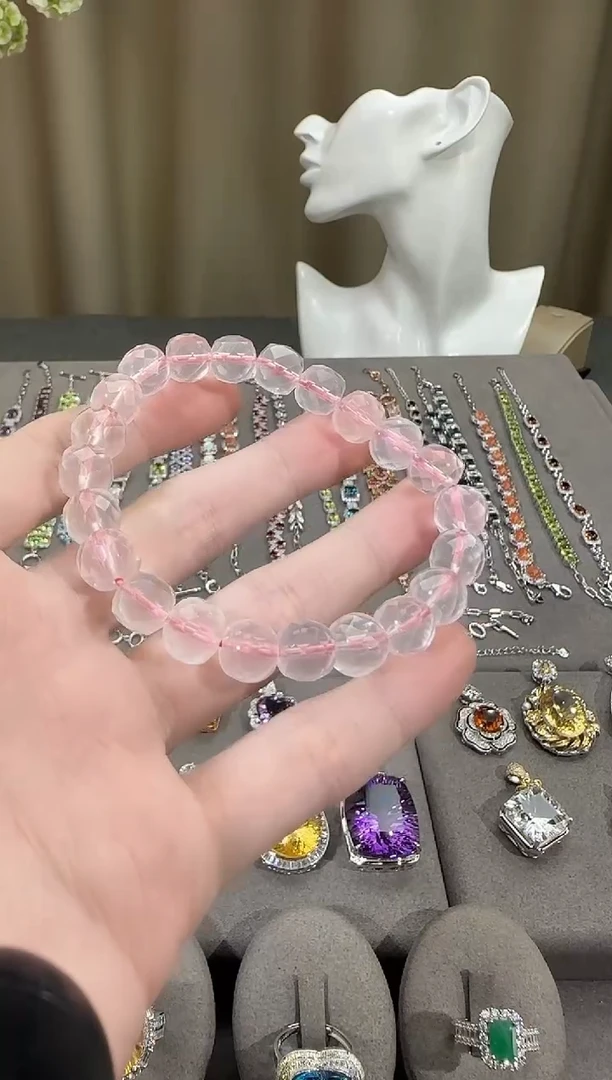 未镶嵌手串芙蓉石9mm多面切工粉晶手串