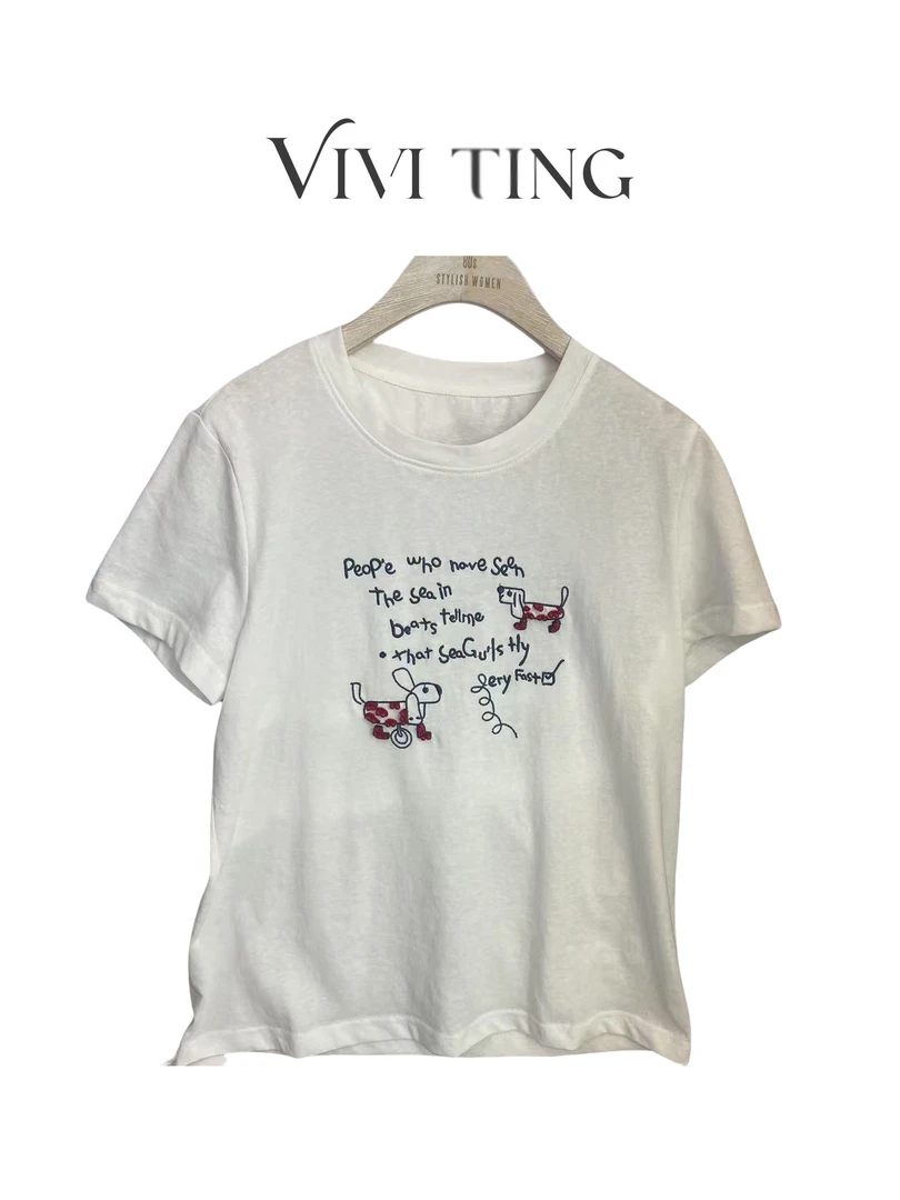 【VIVI·TING】婷姐推荐圆领字母刺绣小狗钉珠宽松上衣s570