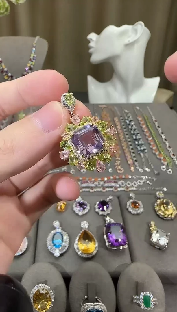 颈饰银S925镶嵌水晶10mm薰衣草吊坠设计款