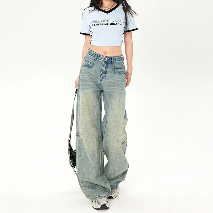 高腰阔腿牛仔裤女夏季款设计感宽松藏肉柔挺高织棉立体松弛感长裤