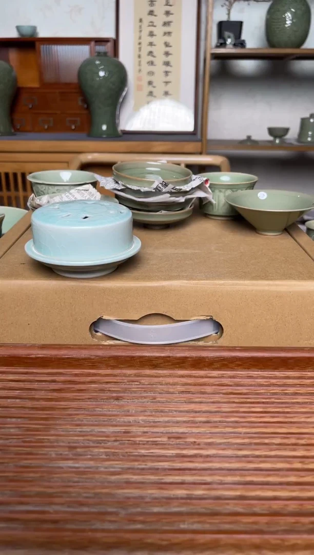 瓷器90耀州窑纯手工天青釉盖盒  微瑕