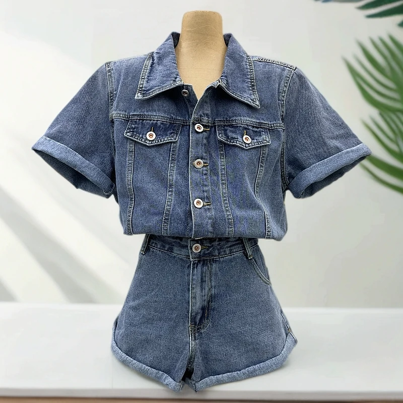 H7028-1春季复古通勤蓝色显瘦高腰牛仔裤短袖连体裤阔腿连身短裤