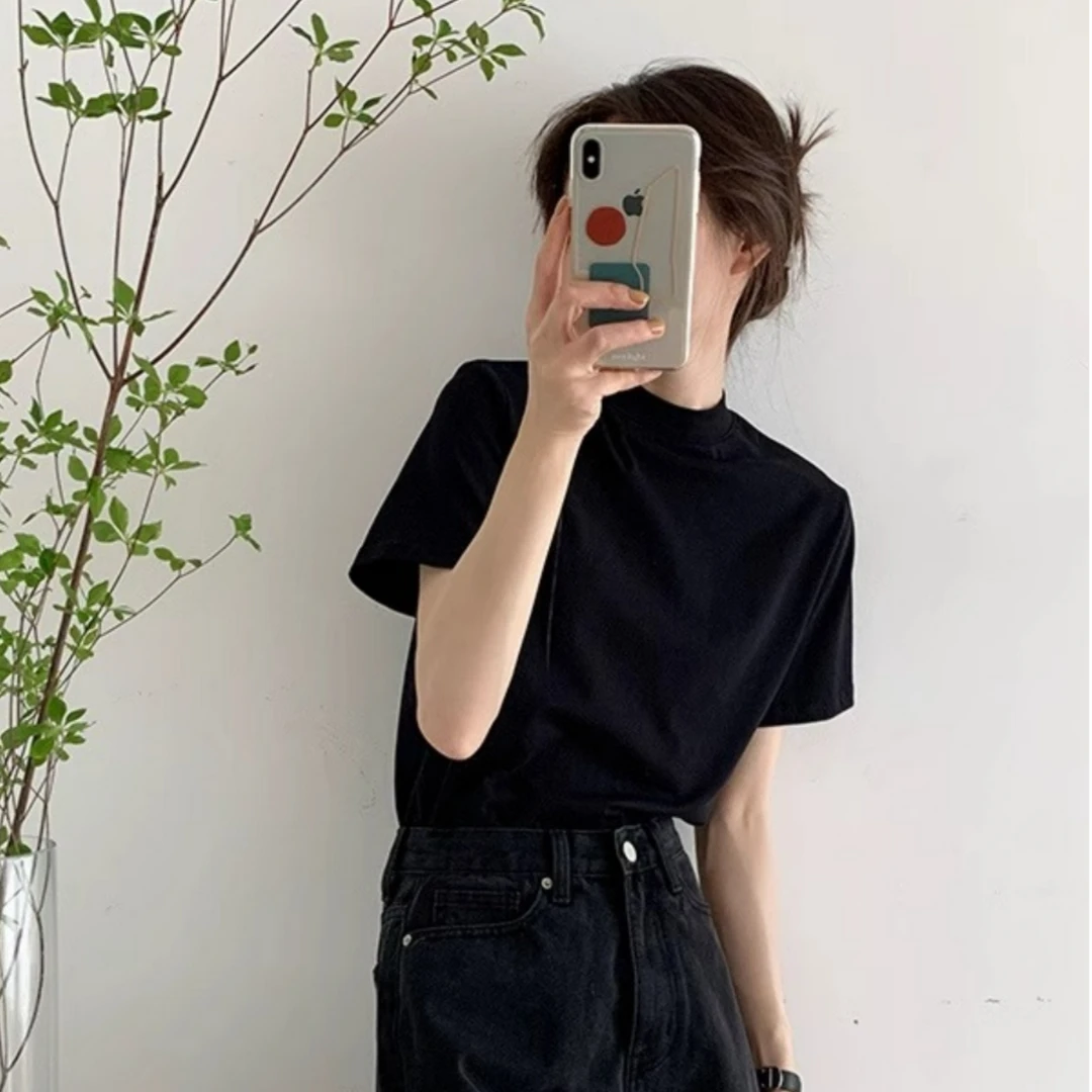 美式复古黑色短袖t恤女夏季2025年新款百搭宽松显瘦正肩小众上衣