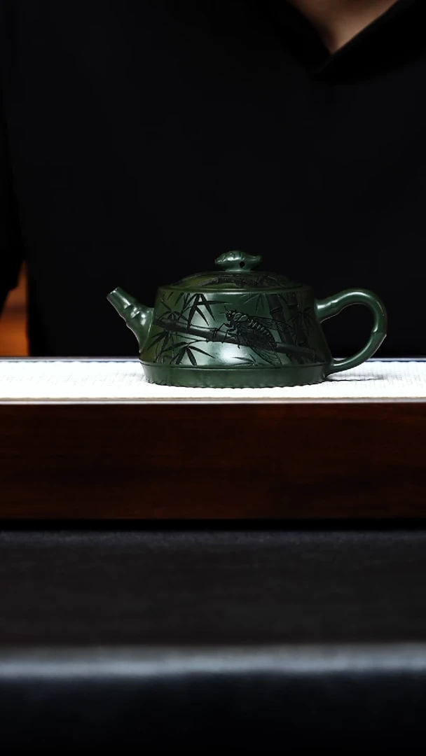 茶杯紫砂宜兴紫砂 蝉趣 绿泥竹段