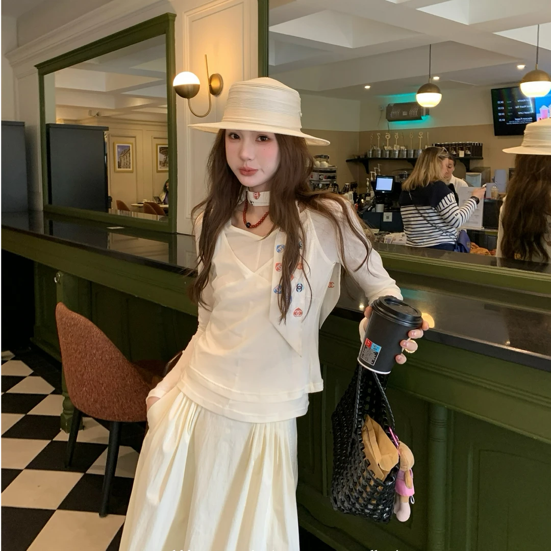 aaaaxbbb 杜松茉莉 纯欲套装棉吊带长袖上衣罩衫通勤长裙半身裙女