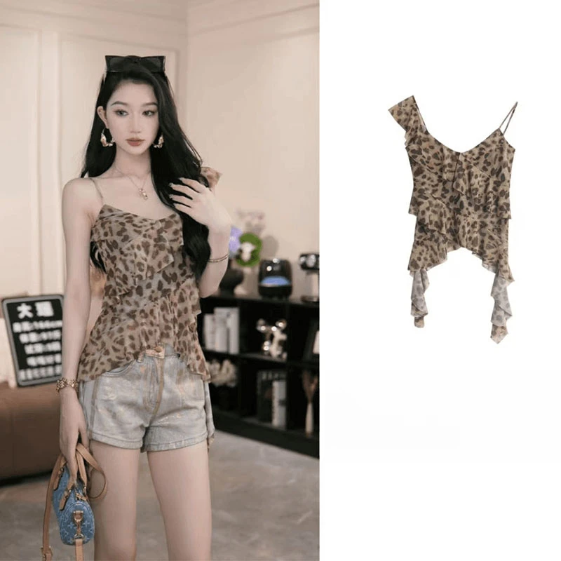 【千禧野豹】不规则领口豹纹背心无袖上衣女2025夏新度假风炸街吊带
