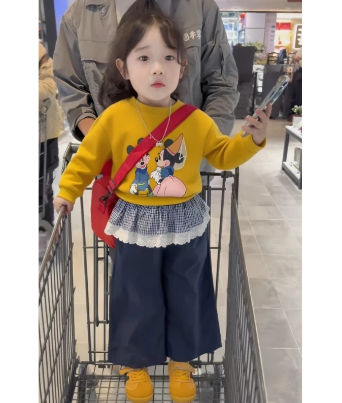 女童秋季新款套装洋气卡通卫衣女宝宝格子屁帘宽松裤子两件套