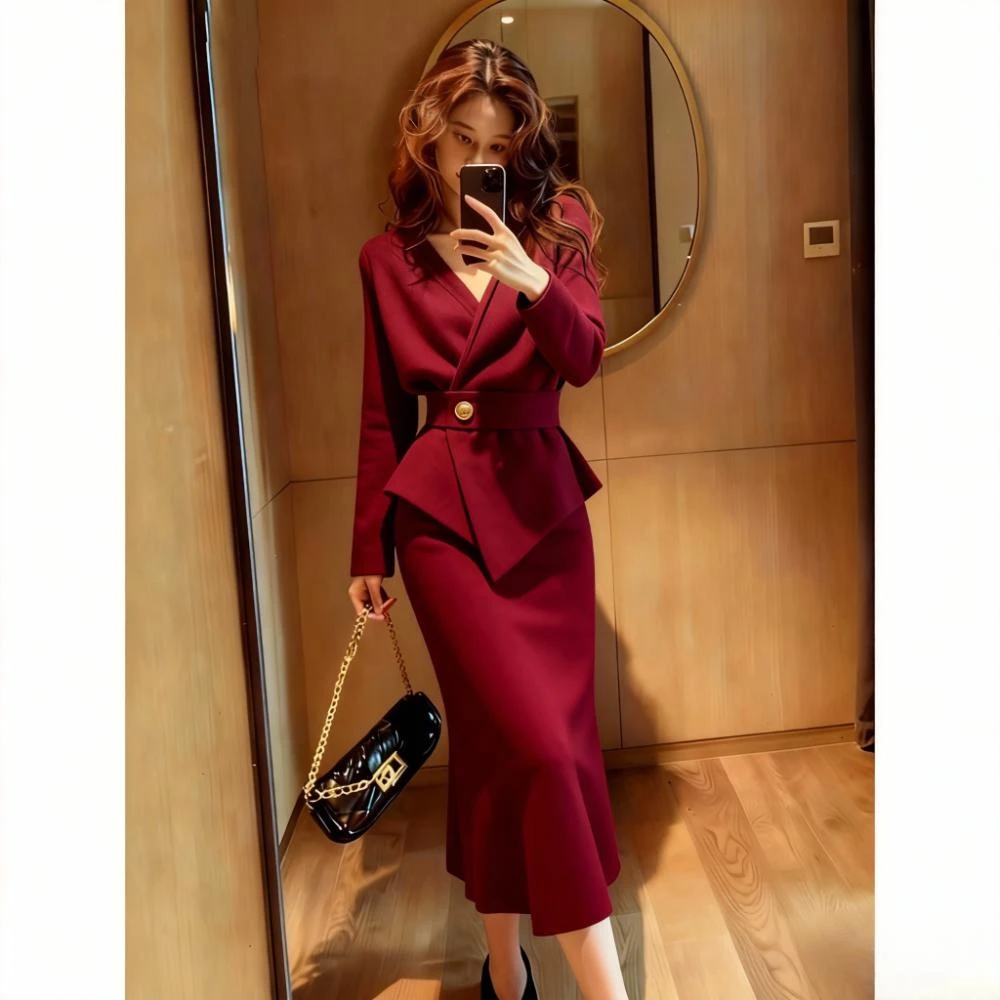 韩系一整套深冬季酒红色收腰V领毛衣重要场合漂亮超好看冬裙套装