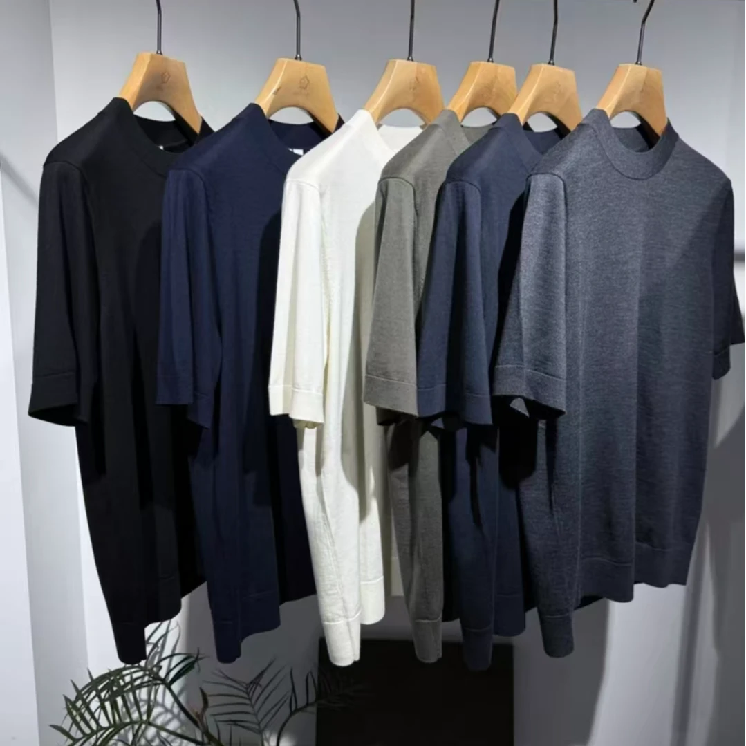 SANFOTO男士秋冬塔斯马尼亚羊毛 基础款针织 圆领短袖羊毛衫半袖