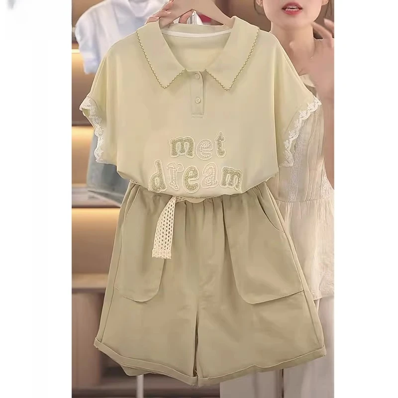 女童polo领短袖短裤套装2025夏季初中生蕾丝刺绣T恤卷边五分中裤