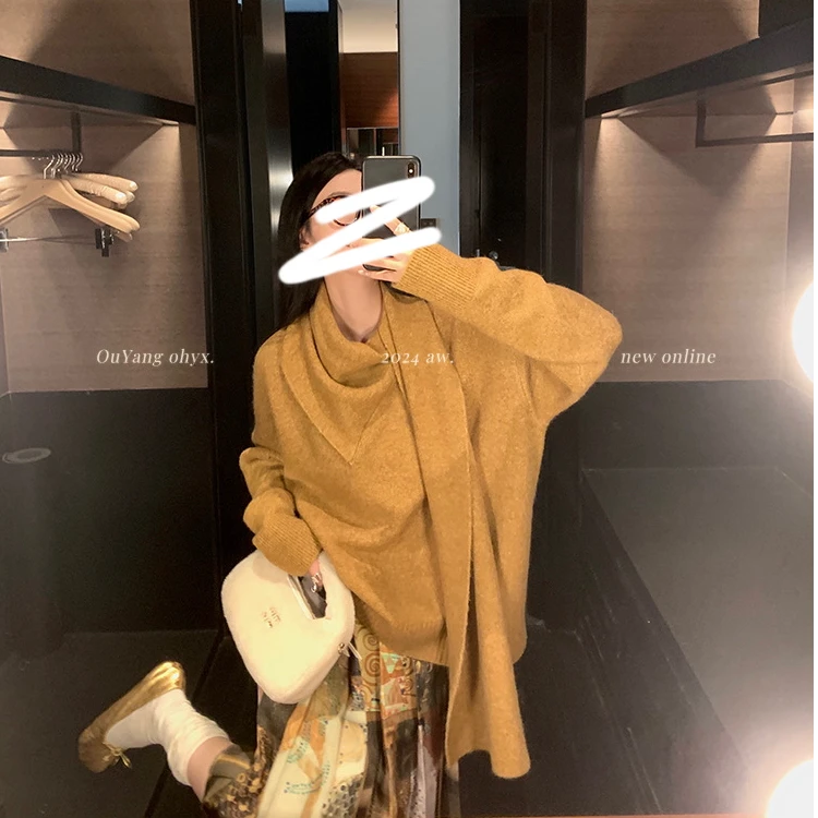 网红复古极简慵懒围巾毛衣宽松纯色针织衫#522