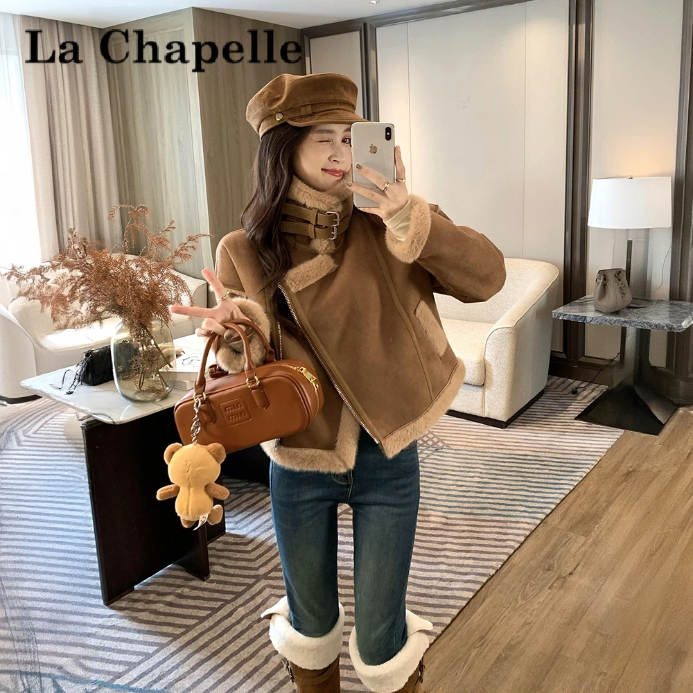 拉夏贝尔羊羔毛皮毛一体女冬季麂皮绒机车服复古毛毛短外套