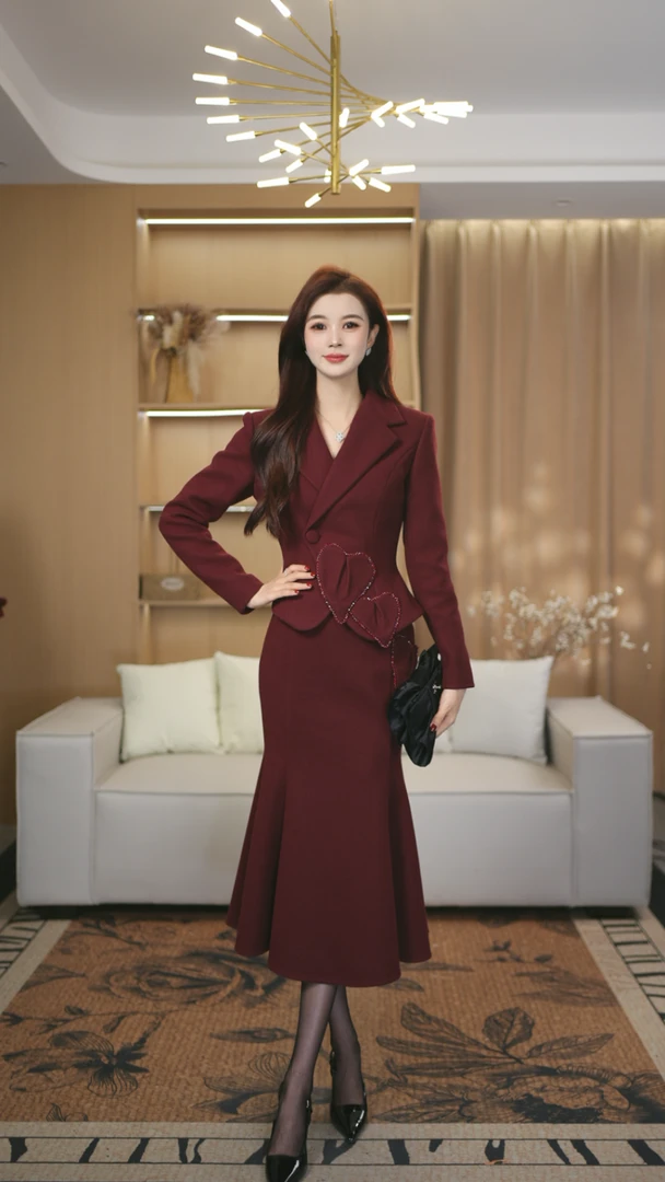 罗曼定制  原创设计长袖时尚套装设计师西装上衣+鱼尾半身裙套装