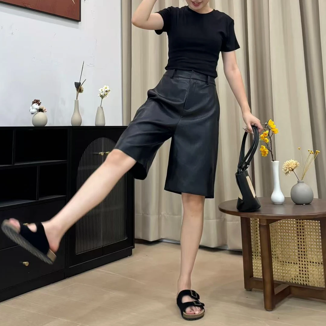 海宁正品皮裤女休闲百搭阔腿简约荔枝纹肌理感显瘦宽松中裤