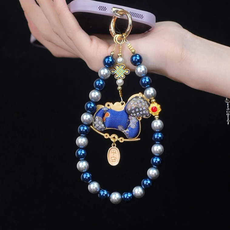 XX365【蓝驹】手机链挂饰奢华珍珠水晶珠子手链条宋锦防丢挂饰