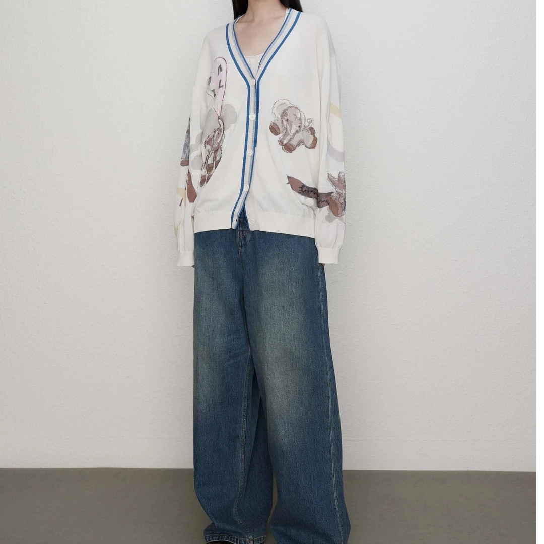 (15)秋季新款针织开衫长袖白色时尚休闲百搭宽松刺绣上衣