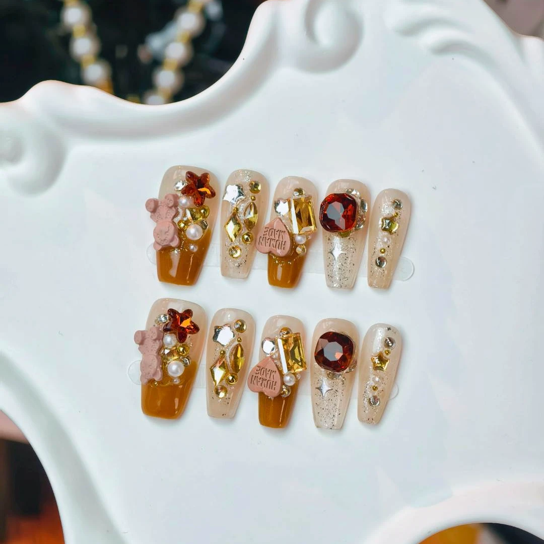 【美拉德小熊】纯手工穿戴甲片高级感棕色气质显白重工穿戴甲泊凡