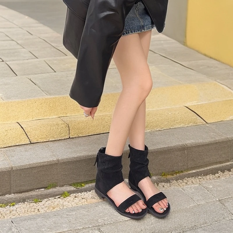 夏季裤管靴露趾平底一字带镂空凉靴个性罗马凉鞋凉鞋女款2025新款