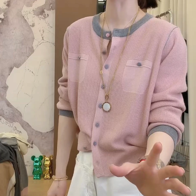 新款韩版百搭修身显瘦时尚拼色假口袋针织长袖开衫LK2501933