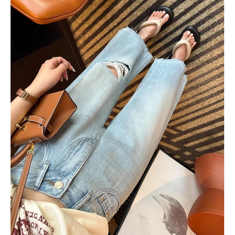 莱赛尔天丝破洞毛边九分阔腿裤女夏薄款小个子宽松显瘦直筒牛仔裤