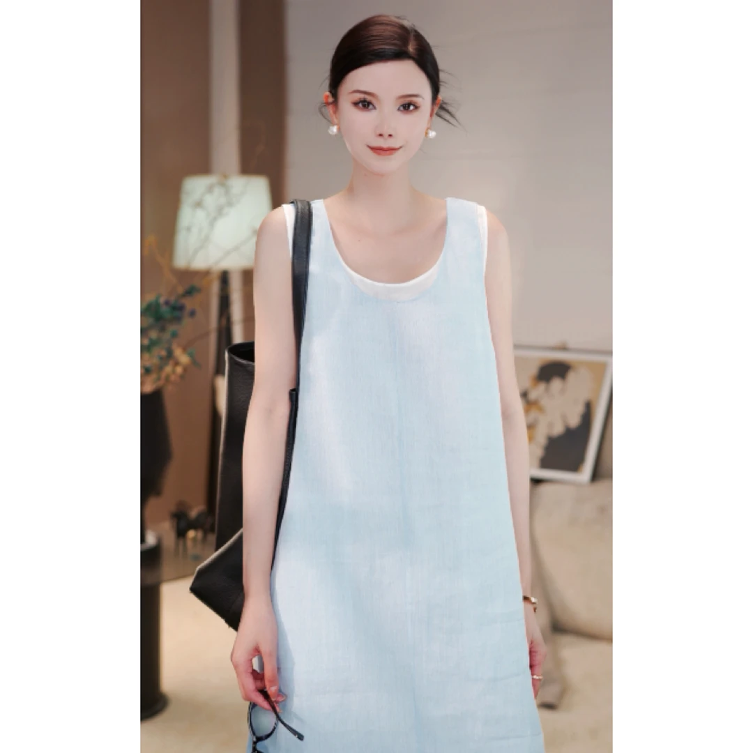 红人街头欧若风穿搭韩系后背镂空双层系带设计无袖连衣裙yn265