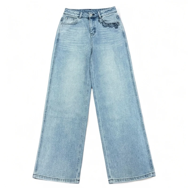 z32179蓝色口袋花朵刺绣百搭休闲直筒牛仔裤