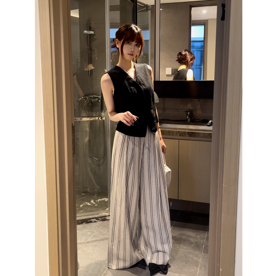 夏季条纹宽松慵懒风阔腿休闲直筒高腰裤女25LCK030